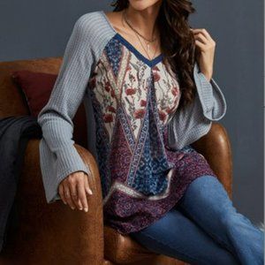 Suzanne Betro Weekend Gray Floral Thermal V-Neck Tunic - Size: 2X